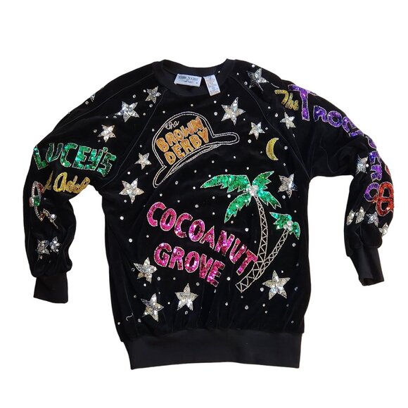 Vintage Bonnie Boerer 80s Black Sequin Velour Top Hollywood Club Graphic Medium - Picture 2 of 6